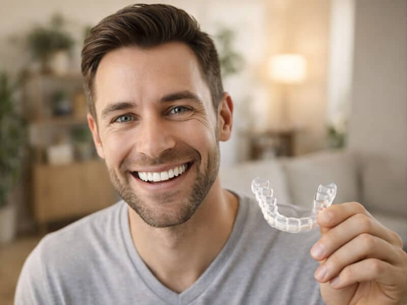 Smiling patient holding clear dental aligner in Paddington